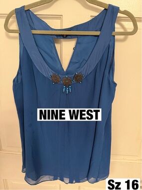 Nine West Royal Blue Sleeveless Top with Beaded Neckline